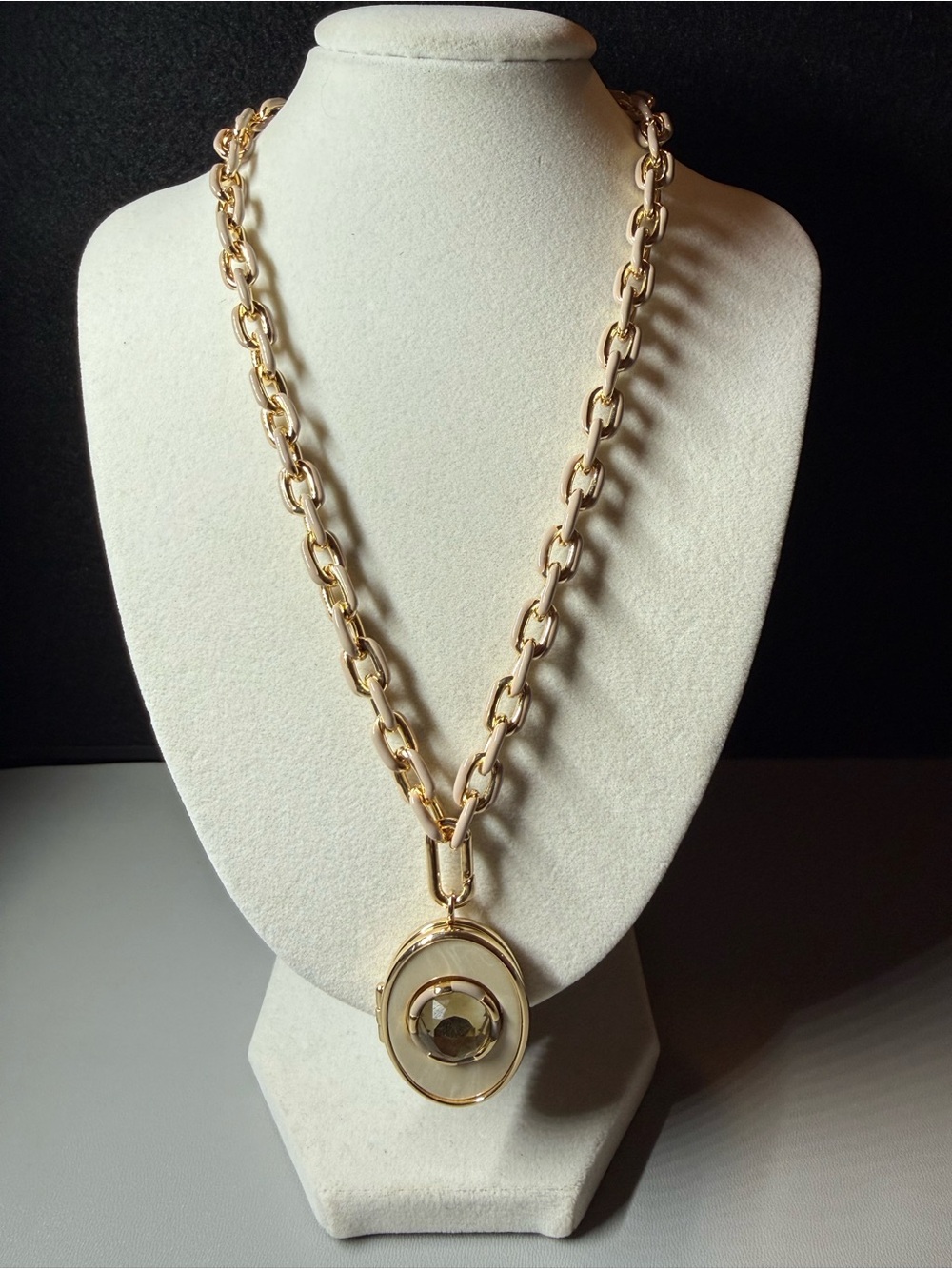 Gold Tone Cream Enamel Locket Statement Necklace 🗽